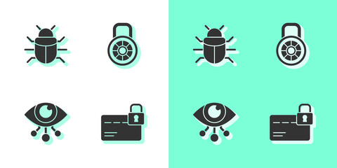 Set Credit card with lock, System bug, Eye scan and Safe combination icon. Vector