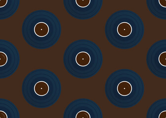 vinyl. Blue plates on a brown background. Seamless texture. Retro music vector texture