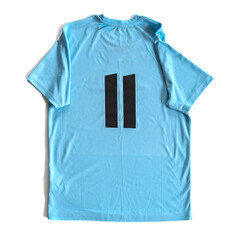 T-shirt light blue color with number 11 isolated on white background top view close-up with shadow.