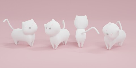 Cute white cat in different poses and pink background.3d rendering,illustration.