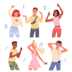 Cartoon young happy man and woman group of dancer characters listen to music with headphones and dance, crowd of friends on dance party isolated on white, dancing people.