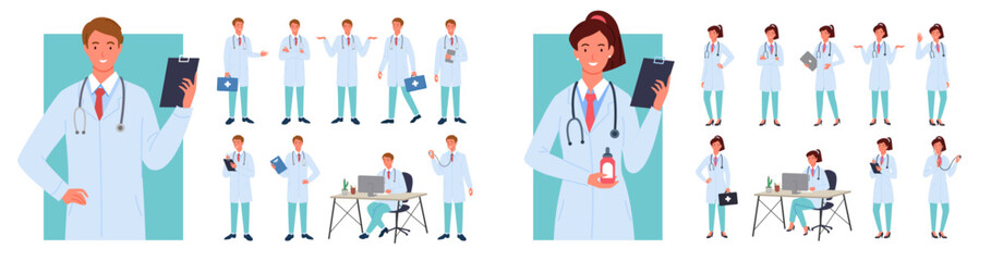 Fototapeta premium Cartoon young woman man characters in hospital uniform standing, physician doctor or consultant therapist working isolated on white. Male female doctors poses vector illustration infographic set.