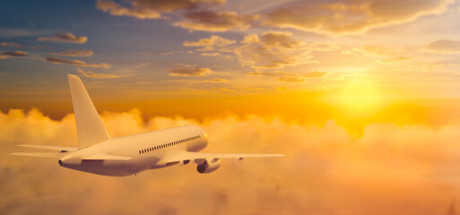 Passenger airplane flying above clouds during sunset. 3D rendering illustration.