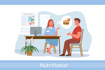 Nutrionist doctor examination, conversation in hospital, dietitian woman and man patient