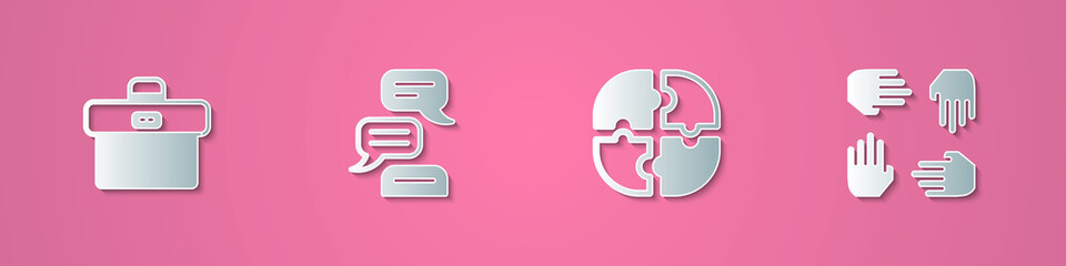 Set paper cut Briefcase, Speech bubble chat, Piece of puzzle and Project team base icon. Paper art style. Vector