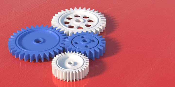 Four plastic gears isolated on red background. 3d illustration