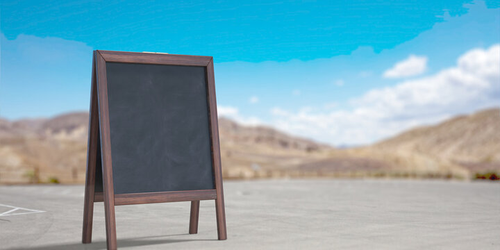 Chalkboard blank on street for advertisement background. 3d illustration