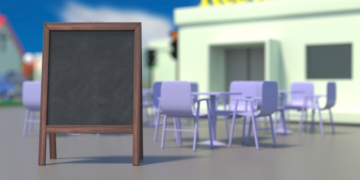 Chalkboard blank outdoors for advertisement background. 3d illustration