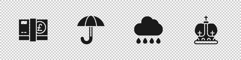 Set Pound sterling money, Umbrella, Cloud with rain and British crown icon. Vector