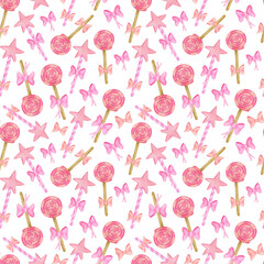 Watercolor cute lollipops seamless pattern. Hand painted pink round and star shaped candies with ribbon bows for baby girls isolated on white. Happy Birthday party sweets repeated background