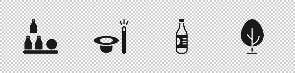 Set Bottles ball, Magic hat and wand, of water and Tree icon. Vector