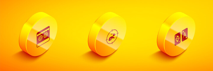 Set Isometric Shooting gallery, Hunt on rabbit with crosshairs and Tarot cards icon. Vector