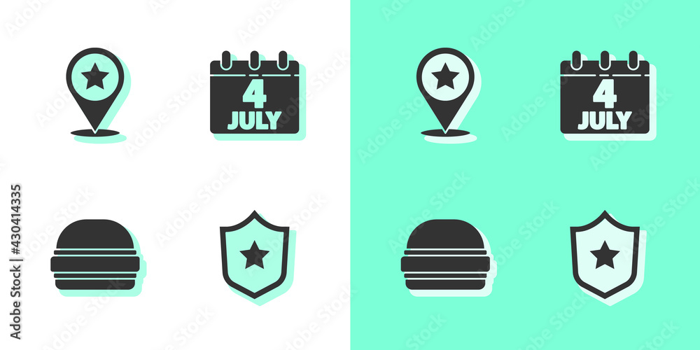 Sticker Set Police badge, USA Independence day, Burger and Calendar with date July 4 icon. Vector