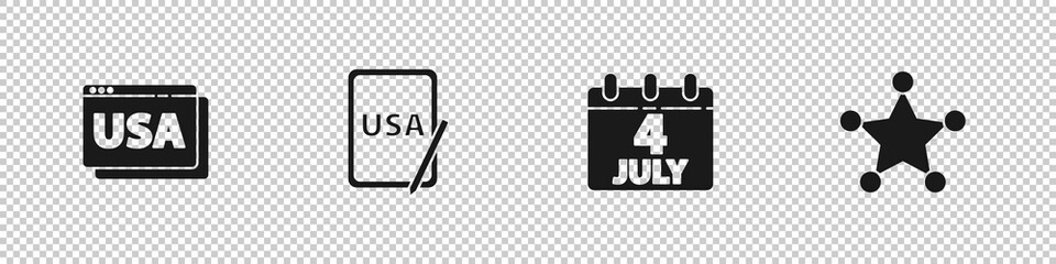 Set USA on browser, graphic tablet, Calendar with date July 4 and Hexagram sheriff icon. Vector