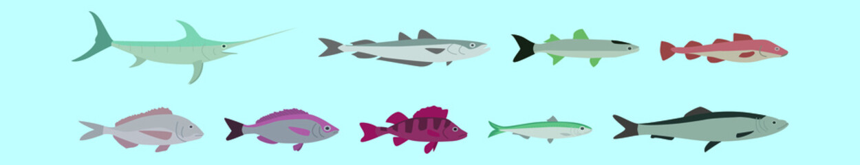 set of fish cartoon icon design template with various models. vector illustration isolated on blue background