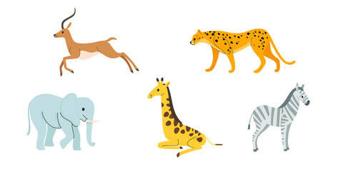 Cartoon animals of Africa. Set of animal characters - elephant, giraffe, zebra, antelope, cheetah, antelope.