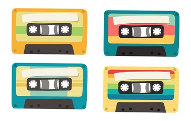 Set of four retro cassettes. Flat style illustration.