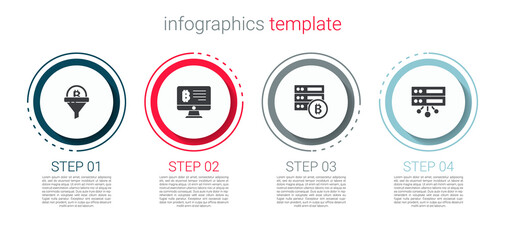 Set Sales funnel with bitcoin, Mining from monitor, Server and . Business infographic template. Vector