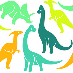 Cartoon dinosaur - seamless trendy pattern with ceratops, parasaurolophus, brachiosaurus,  stegosaurus. Flat vector illustration on white background.