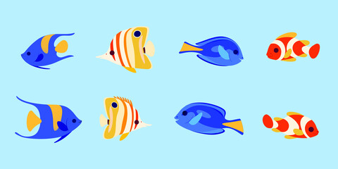 Fototapeta na wymiar Group of fishes - coral fishes isolated on blue background. Clown fish, butterfly fish, fish surgeon and moorish idol fish. Vector illustration in colorful style.