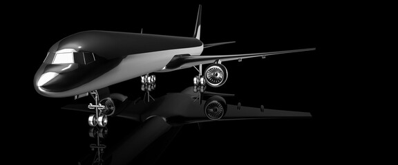 Executive silver jet on a reflective black background 3d render