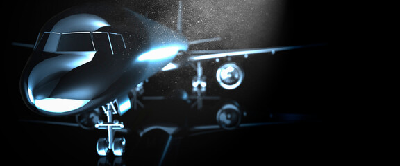 Blue tone executive jet under a spot light on a black background 3d render