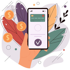 Secure online payments. Hand holds smartphone with online payment on the screen. Vector illustration for banner, mobile app or website.
