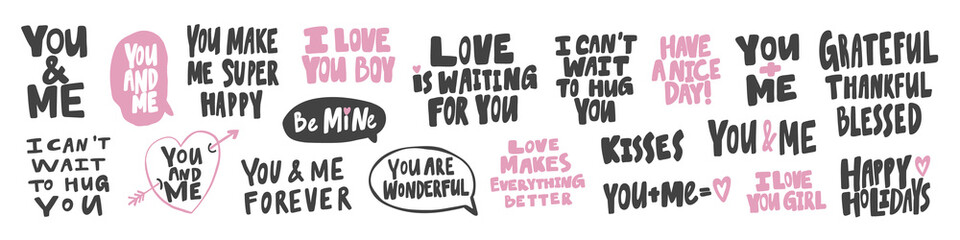 Vector hand drawn collection set of calligraphy lettering quotes and words. Pink and black color