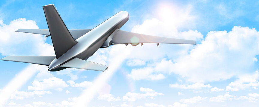 Modern airline travel high in the clouds 3d render
