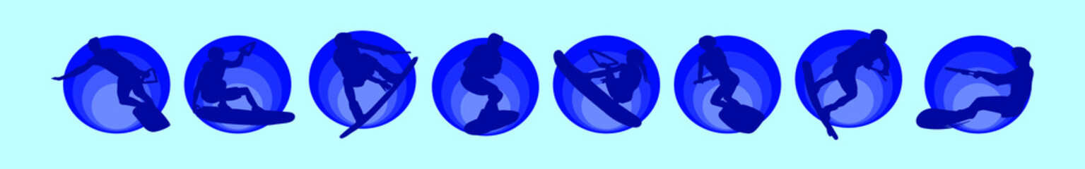 set of wake boarding cartoon icon design templates with various models. vector illustration isolated on blue background
