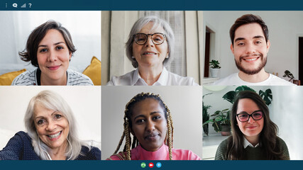 Multiracial people from different generations talking on a video call - Multi generational colleagues doing videocall