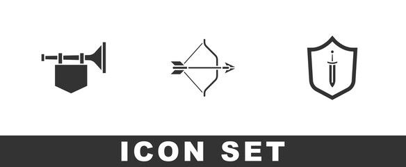 Set Trumpet with flag, Medieval bow and arrow and shield sword icon. Vector © Kostiantyn