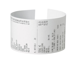 curved receipt, isolated on white background