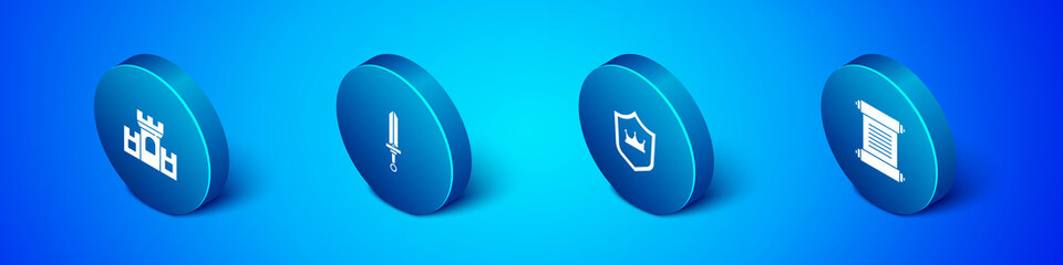 Set Isometric Castle, fortress, Shield with crown, Decree, parchment, scroll and Medieval sword icon. Vector