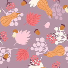Autumnal seamless pattern on violet background. Random template with maple leaf, pumpkin, acorn and rowan.