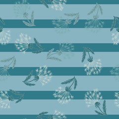 Organic seamless pattern with random hand drawn dandelion flowers print. Blue striped background.
