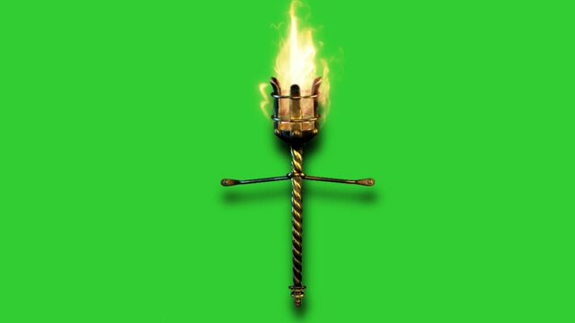 3d vintage wall fire torch green screen 4K footage