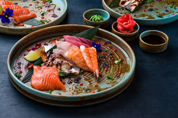 Sashimi set, Japanese food sashimi a traditional dish of raw fish served on the table with copy space