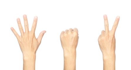 Close-up picture of male hand gesture symbolizing as a rock, paper, scissors, game. Isolated on white background.