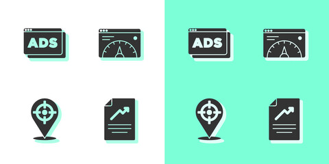 Set Document with graph chart, Advertising, Target sport and Website statistic icon. Vector