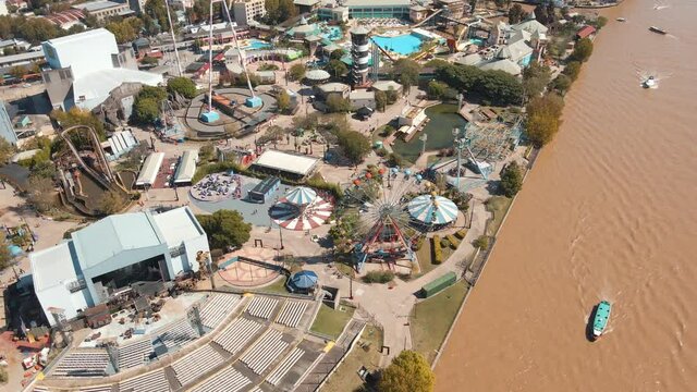 Boat Sailing At Lujan River With El Octogono Stage An Amphitheatre At Costa Park In Tigre, Buenos Aires, Argentina. - aerial