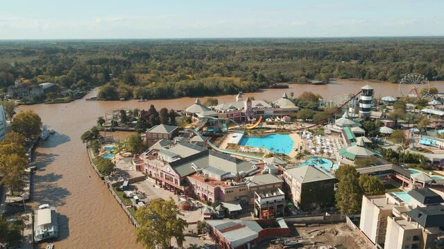 Aerial View Of Costa Park Amusement Rides And Lujan River In Tigre, Buenos Aires, Argentina.