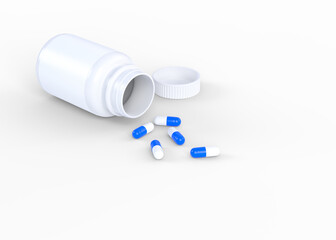 Pills scattered from pharmacy bottle isolated on white background. 3D rendering illustration
