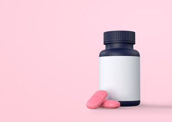 Pills and pill bottle on pink background with copy space. Medicine concepts. Minimalistic abstract concept. 3d Rendering illustration