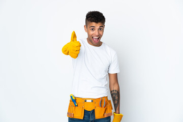 Young Brazilian electrician manipulated isolated on white background with thumbs up because something good has happened