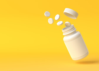 Pills fly out of the bottle on yellow background with pharmacy and explosion concept. Minimal creative idea. 3D rendering illustration