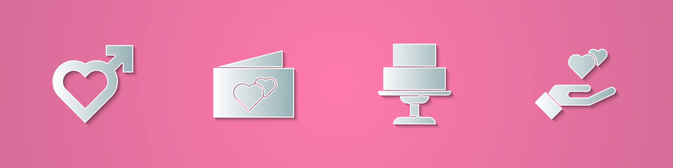 Set paper cut Heart with male gender, Greeting card, Wedding cake and hand icon. Paper art style. Vector