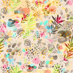 Seamless watercolor pattern seashells, pebbles, vacation by the sea. Beautiful print for textile and design. Colorful illustration of a summer weekend on the seashore, outdoor recreation, sun, ocean, 