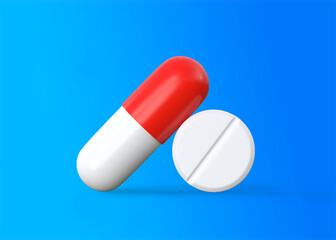 Pharmaceutical medicine pills, tablets and capsules on blue background. Medical concept. 3d rendering illustration