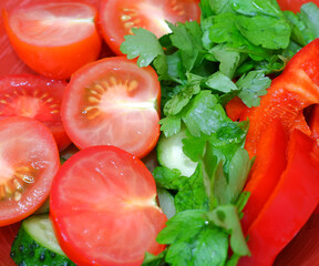 Vegetable salad. Tomatoes, peppers, parsley.